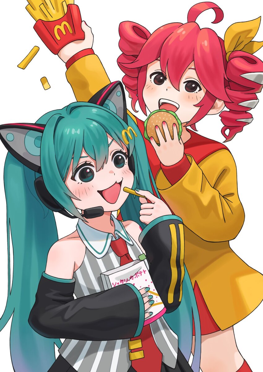 ahoge, anchannnnnn, animal_ears, arm_up, bare_shoulders, black_eyes, blue_eyes, blue_shirt