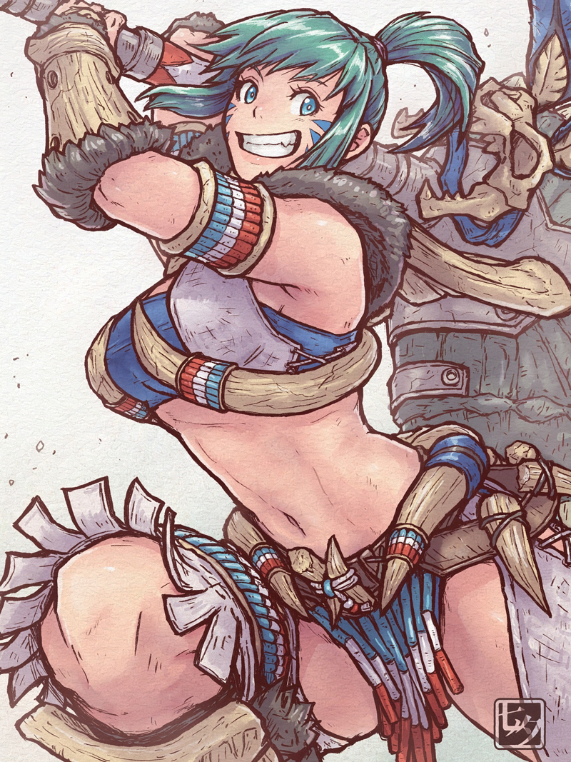 1girl, aqua_hair, armor, blue_eyes, blue_tube_top, bone_armor, bone_armor_(monster_hunter), breasts