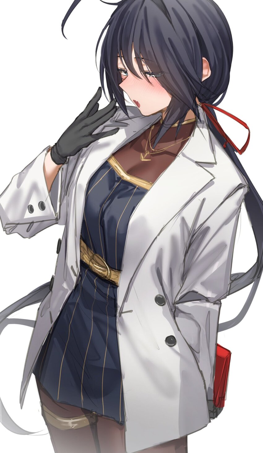 1girl, arm_behind_back, artist_request, black_dress, black_gloves, black_hair, blue_eyes, blush