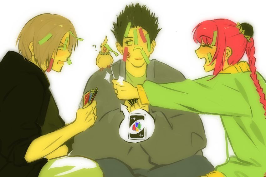 1girl, 2boys, 5a1_uei, ?, animal, animal_on_shoulder, bandaid, bandaid_on_face