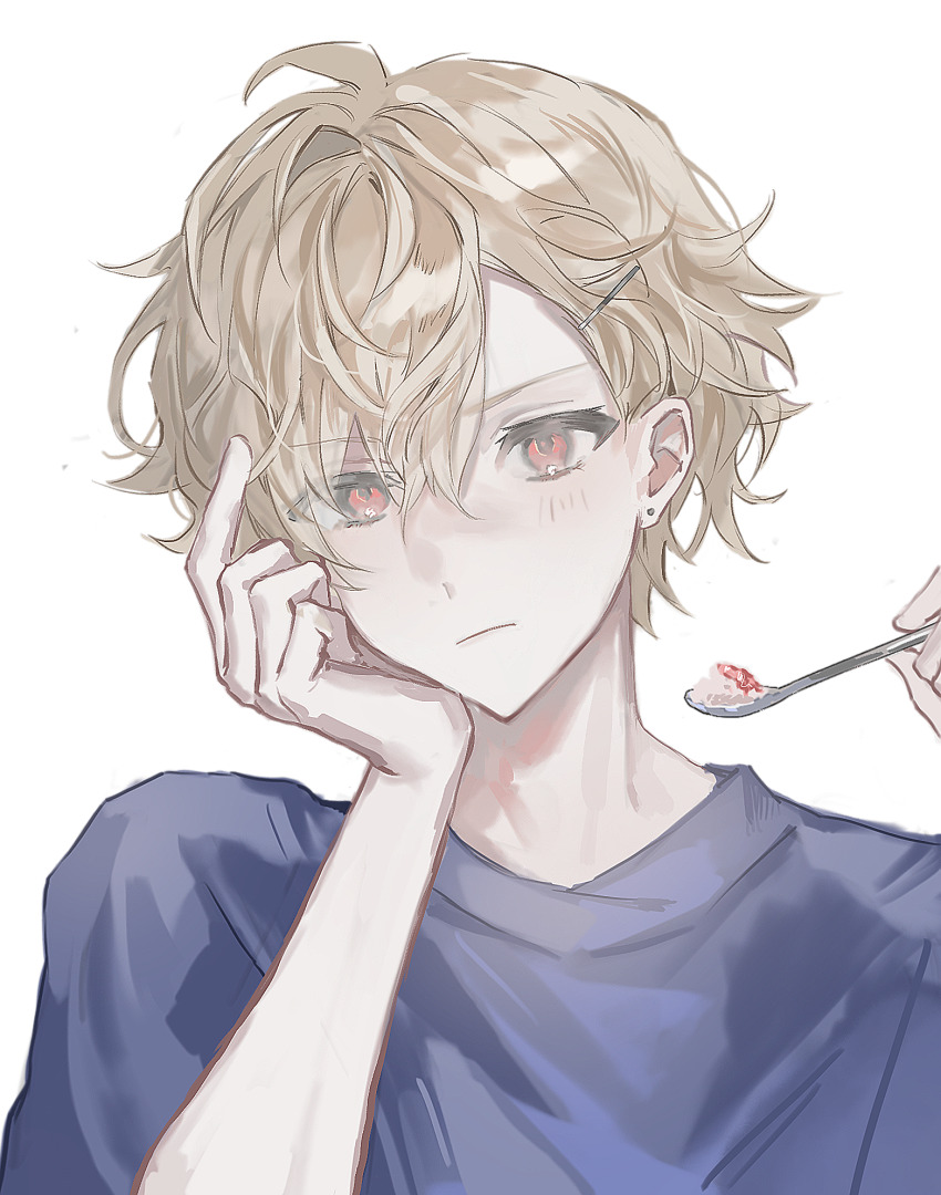 18trip, 1boy, blonde_hair, blue_shirt, chinese_commentary, closed_mouth, commentary_request, eyes_visible_through_hair