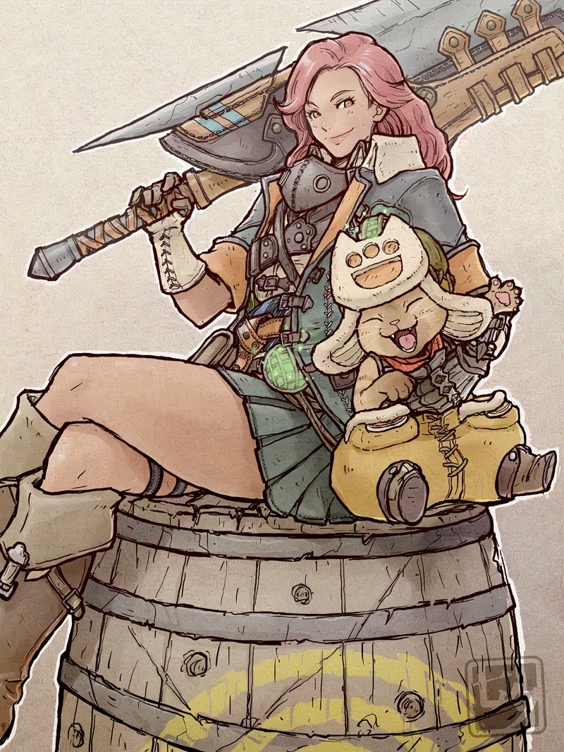 1girl, aqua_skirt, barrel, boots, brown_boots, brown_eyes, cat, closed_mouth