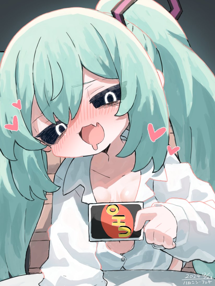 1girl, black_sclera, blush, borrowed_clothes, card, colored_sclera, drooling, fang, haronin_fukke, hatsune_miku, heart, holding, holding_card, looking_at_viewer, mesugaki, mimukauwa_nice_try_(vocaloid), mouth_drool, naked_shirt, nose_blush, open_mouth, shirt, skin_fang, twintails, uno_(game), vocaloid, white_shirt
