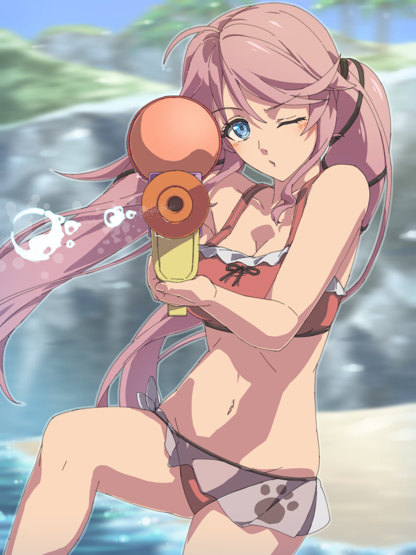 1girl, ahoge, aiming, aiming_at_viewer, beach, bikini, blue_eyes, blurry