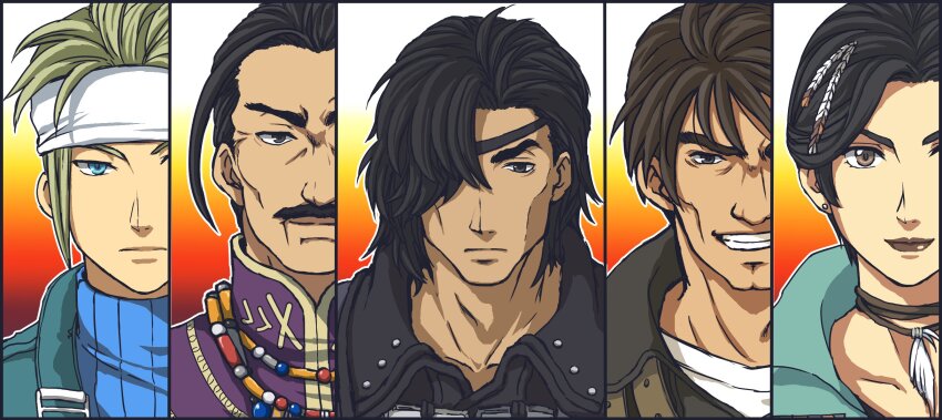 1girl, 4boys, ace_(suikoden), black_hair, blonde_hair, blue_eyes, character_request, closed_mouth