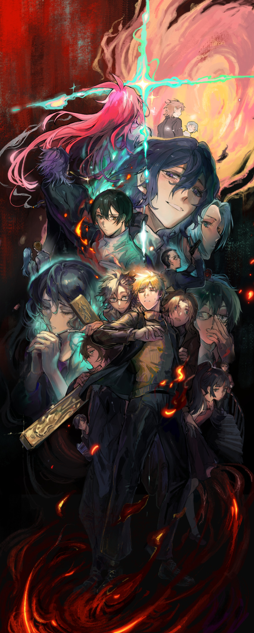 5girls, 6+boys, absurdres, adjusting_eyewear, aiba_ibuki, alternate_eye_color, alternate_hair_color, antenna_hair