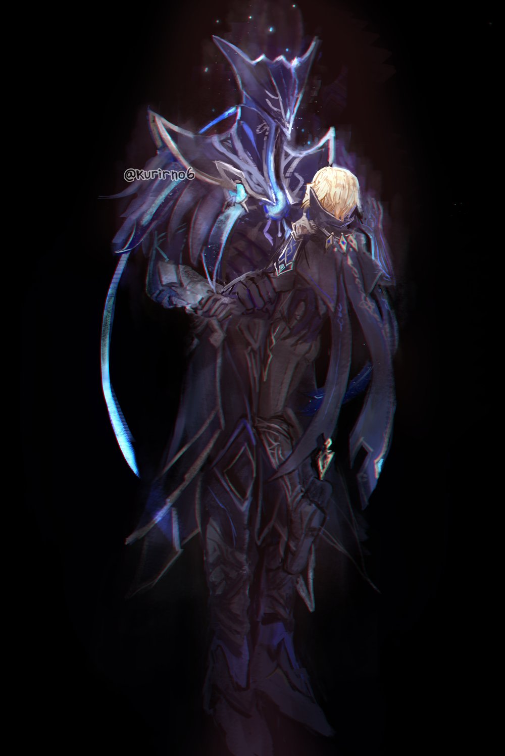 2boys, abyss_herald_(genshin_impact), armor, armored_boots, artist_name, black_background, black_boots, black_cape