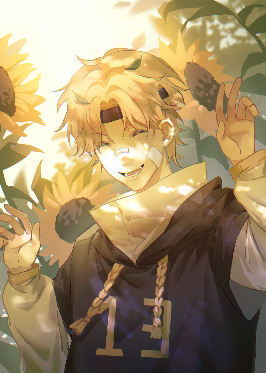 1boy, ^_^, absurdres, bandage_on_cheek, bandaid, bandaid_on_face, bandaid_on_nose, black_hoodie, blonde_hair, chinese_commentary, closed_eyes, commentary_request, curtained_hair, day, drawstring, fang, flower, hands_up, highres, hood, hood_down, hoodie, jiu_ba, layered_sleeves, long_sleeves, male_focus, open_mouth, outdoors, parted_bangs, real_life, shirt, short_hair, short_over_long_sleeves, short_sleeves, skin_fang, sleeveless, sleeveless_hoodie, smile, solo, sunflower, upper_body, v-shaped_eyebrows, wa_buguan, white_shirt