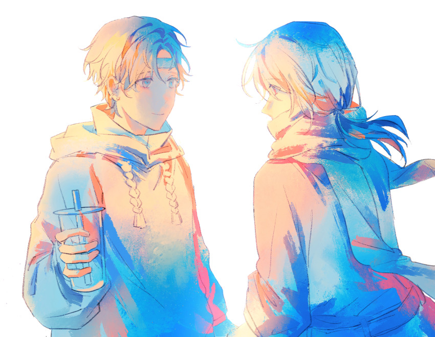 2boys, character_request, chinese_commentary, closed_mouth, commentary_request, cup, drawstring, headband, highres, holding, holding_cup, hood, hood_down, hoodie, jiu_ba, long_hair, long_sleeves, low_ponytail, male_focus, monochrome, multiple_boys, parted_bangs, ponytail, real_life, scarf, short_hair, simple_background, smile, wa_buguan, white_background