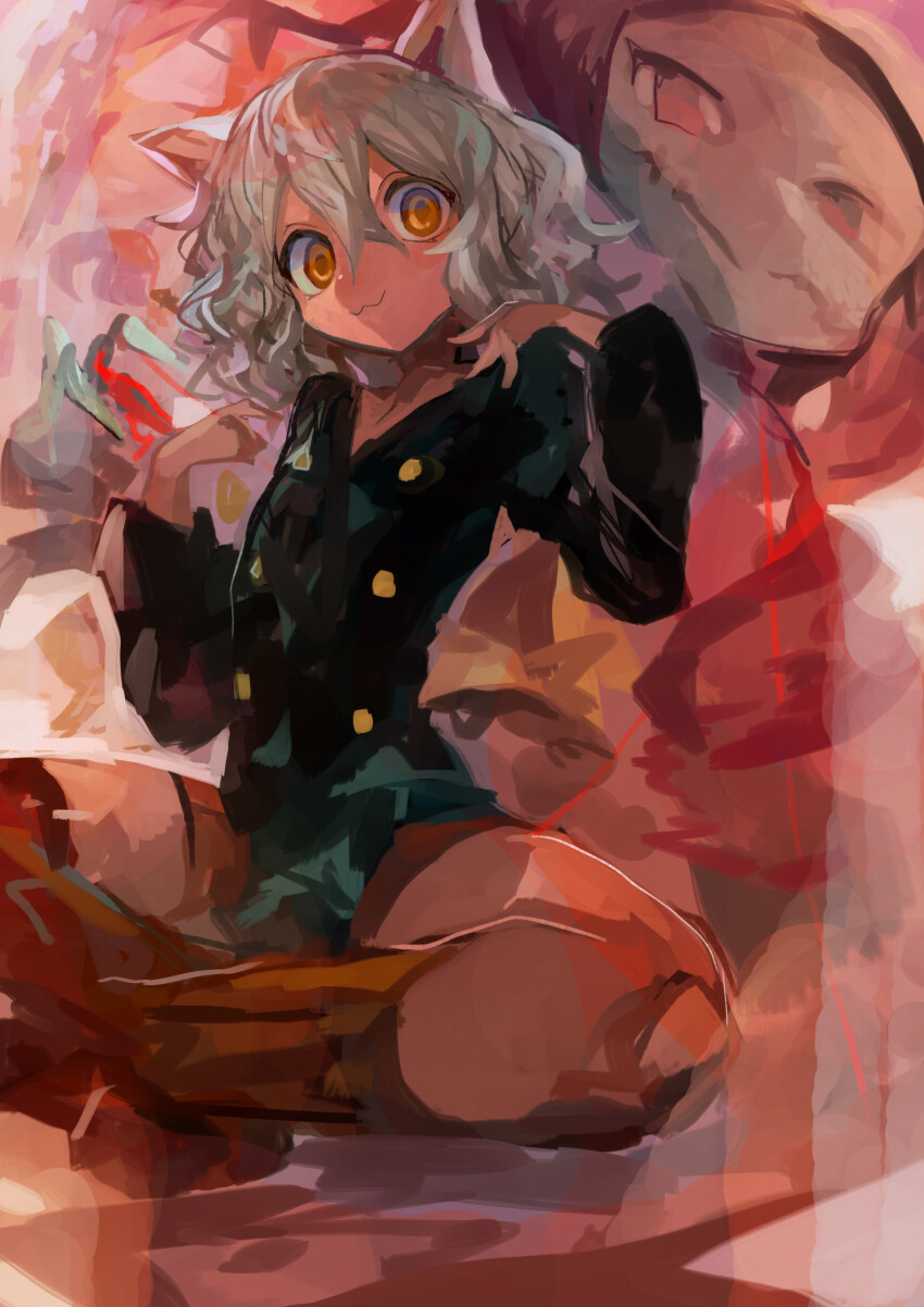 1girl, 1other, :3, absurdres, animal_ears, black_jacket, brown_shorts, brown_socks