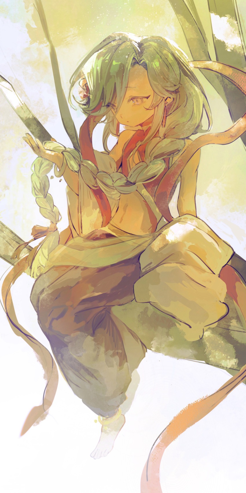 absurdres, barefoot, black_pants, bracelet, braid, call_of_cthulhu, cang_miao_shan_yi_hua, character_request, cleavage_cutout, clothing_cutout, earrings, gender_request, green_hair, grey_eyes, highres, jewelry, liningne, long_hair, navel, pants, procreate_(medium), red_shirt, shirt, side_braid, single_braid, sitting, solo, tassel, tassel_earrings, very_long_hair