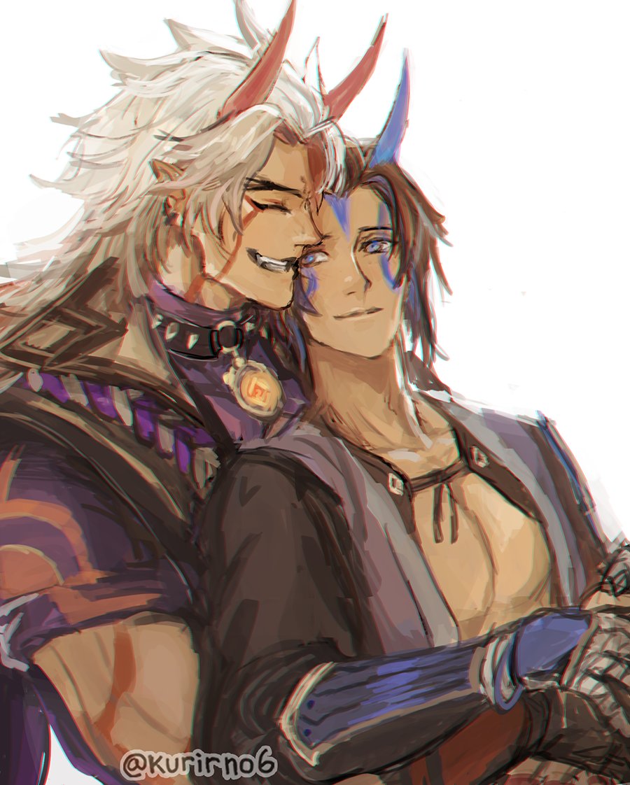 2boys, arataki_itto, arm_guards, artist_name, bandaged_hand, bandages, black_choker, black_coat