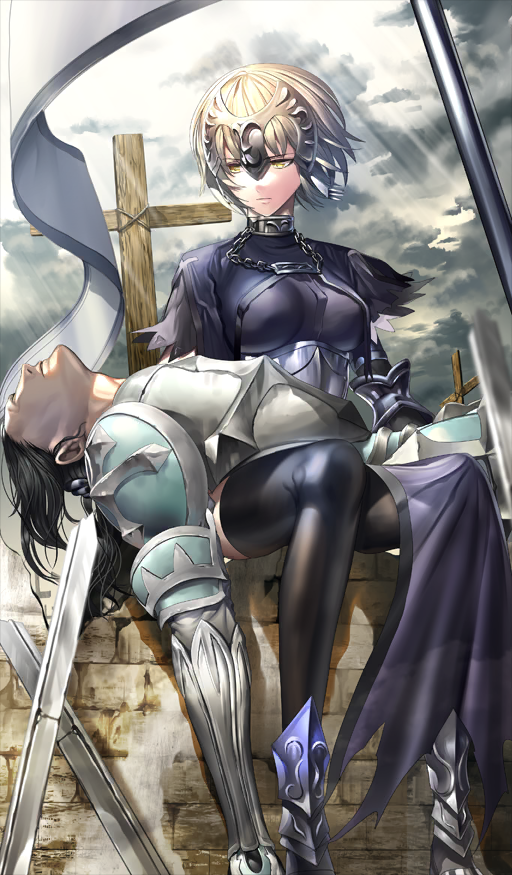 1boy, 1girl, armor, armored_boots, black_hair, black_thighhighs, blonde_hair, boots, cloud, cloudy_sky, commentary, cross, da_vinci_to_shichinin_no_gansaku_eirei, faceless, faceless_male, fate/grand_order, fate_(series), fine_art_parody, flag, gilles_de_rais_(fate), gilles_de_rais_(saber)_(fate), jeanne_d'arc_alter_(avenger)_(fate), jeanne_d'arc_alter_(fate), latin_cross, looking_at_another, official_art, parody, pieta, purple_shirt, purple_skirt, shirt, short_hair, sitting, skirt, sky, thighhighs, third-party_source, tsukimoto_aoi, yellow_eyes
