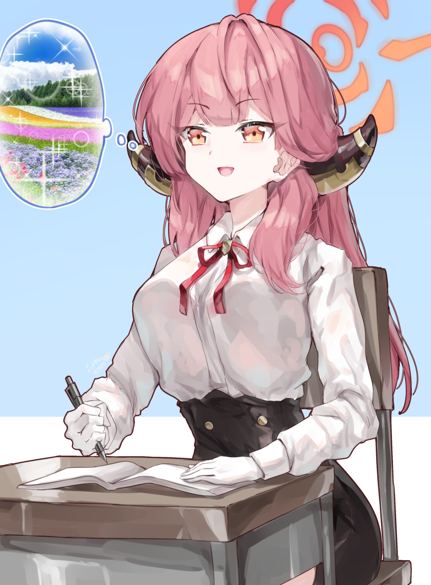 1girl, :d, absurdres, aru_(blue_archive), black_skirt, blue_archive, blue_background, blush