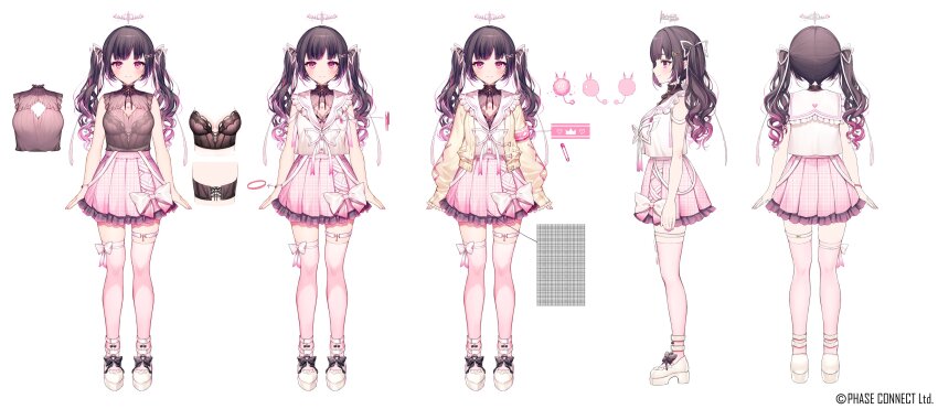 absurdres, arm_strap, asymmetrical_legwear, black_bra, black_shirt, blunt_bangs, bow, bra, bracelet, breasts, brown_hair, chest_tattoo, commentary, english_commentary, hair_ornament, hair_ribbon, halo, heart, heart_tattoo, highres, himemiya_rie, himemiya_rie_(1st_costume), jacket, jewelry, komeshiro_kasu, long_hair, medium_breasts, mole, mole_under_eye, multicolored_hair, official_art, pafu_(himemiya_rie), paperclip, phase_connect, pink_bow, pink_eyes, pink_hair, pink_nails, pink_skirt, pink_thighhighs, pleated_skirt, reference_sheet, ribbon, see-through_clothes, see-through_shirt, shirt, shoes, sidelocks, skirt, standing, streaked_hair, tattoo, thigh_strap, thighhighs, twintails, underwear, virtual_youtuber, wavy_hair, white_hair, white_shirt, white_shoes, yellow_jacket