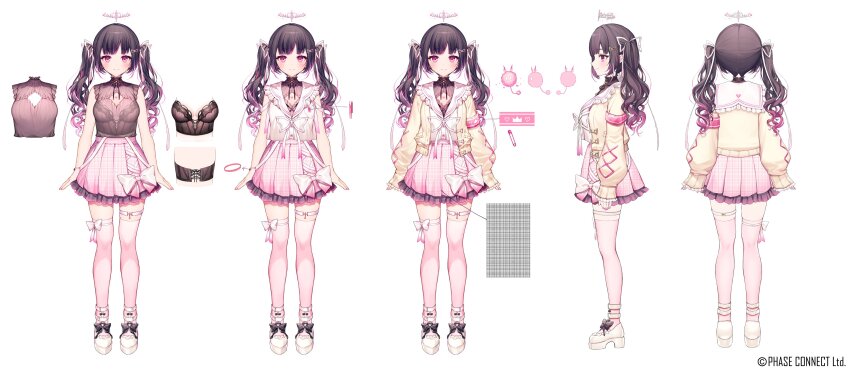 absurdres, arm_strap, asymmetrical_legwear, black_bra, black_shirt, blunt_bangs, bow, bra, bracelet, breasts, brown_hair, chest_tattoo, commentary, english_commentary, hair_ornament, hair_ribbon, halo, heart, heart_tattoo, highres, himemiya_rie, himemiya_rie_(1st_costume), jacket, jewelry, komeshiro_kasu, long_hair, medium_breasts, mole, mole_under_eye, multicolored_hair, official_art, pafu_(himemiya_rie), paperclip, phase_connect, pink_bow, pink_eyes, pink_hair, pink_nails, pink_skirt, pink_thighhighs, pleated_skirt, reference_sheet, ribbon, see-through_clothes, see-through_shirt, shirt, shoes, sidelocks, skirt, standing, streaked_hair, tattoo, thigh_strap, thighhighs, twintails, underwear, virtual_youtuber, wavy_hair, white_hair, white_shirt, white_shoes, yellow_jacket