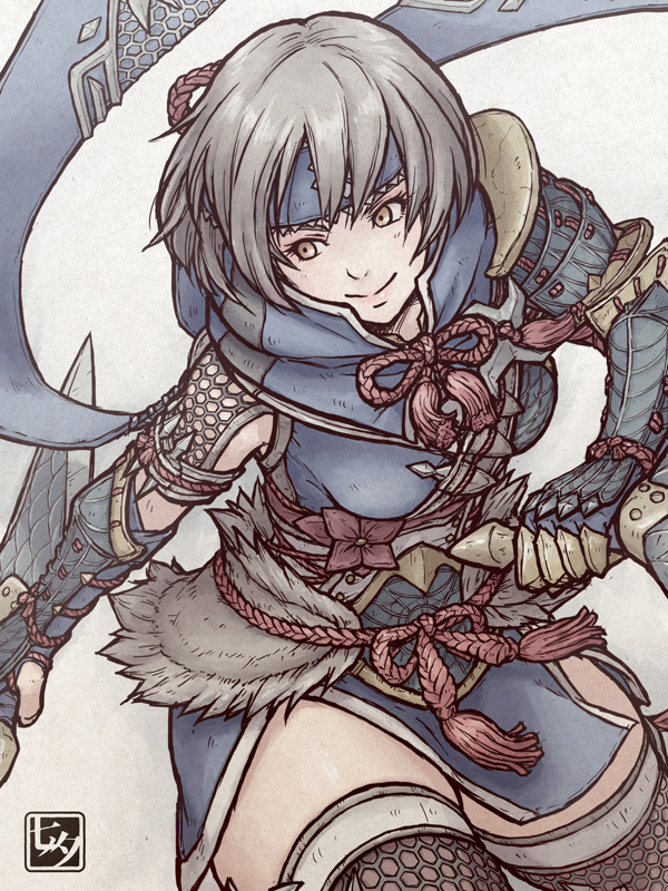 1girl, arm_guards, blue_headband, breasts, brown_eyes, closed_mouth, commentary_request, eyelashes