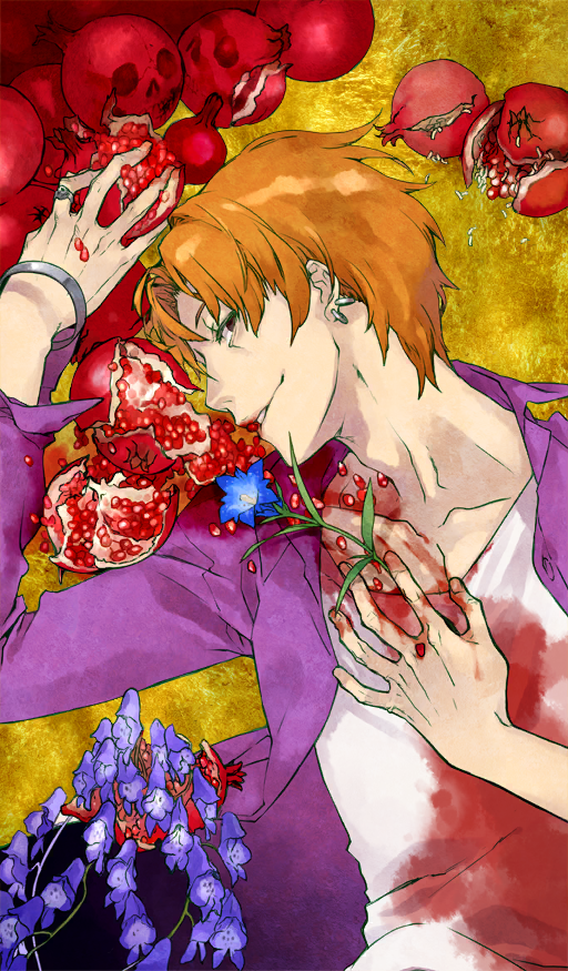 1boy, blue_flower, bracelet, brown_eyes, collarbone, commentary, da_vinci_to_shichinin_no_gansaku_eirei, earrings