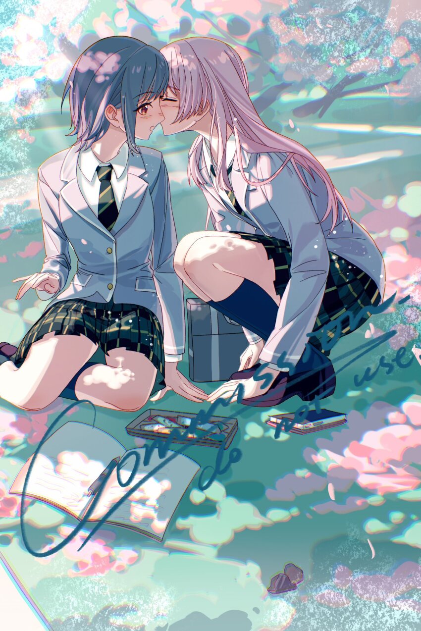 2girls, bandaid, bang_dream!, bang_dream!_it's_mygo!!!!!, black_socks, blush, book, brown_shoes, cellphone, cherry_blossoms, chihaya_anon, closed_eyes, collared_shirt, commission, day, grass, green_necktie, green_skirt, grey_hair, grey_jacket, haneoka_school_uniform, hashtag-only_commentary, highres, jacket, kiss, kissing_cheek, long_sleeves, multiple_girls, necktie, nero_(nerolinsummer), open_book, outdoors, pen, phone, pink_hair, plaid_clothes, plaid_skirt, pleated_skirt, red_eyes, rock, school_uniform, shirt, shoes, short_hair, skirt, smartphone, socks, squatting, takamatsu_tomori, white_shirt, white_socks, yuri