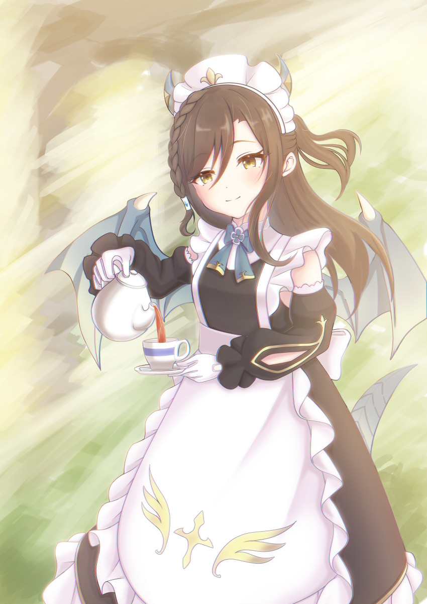 1girl, absurdres, black_dress, blue_bow, blue_bowtie, blue_horns, blue_tail, blue_wings