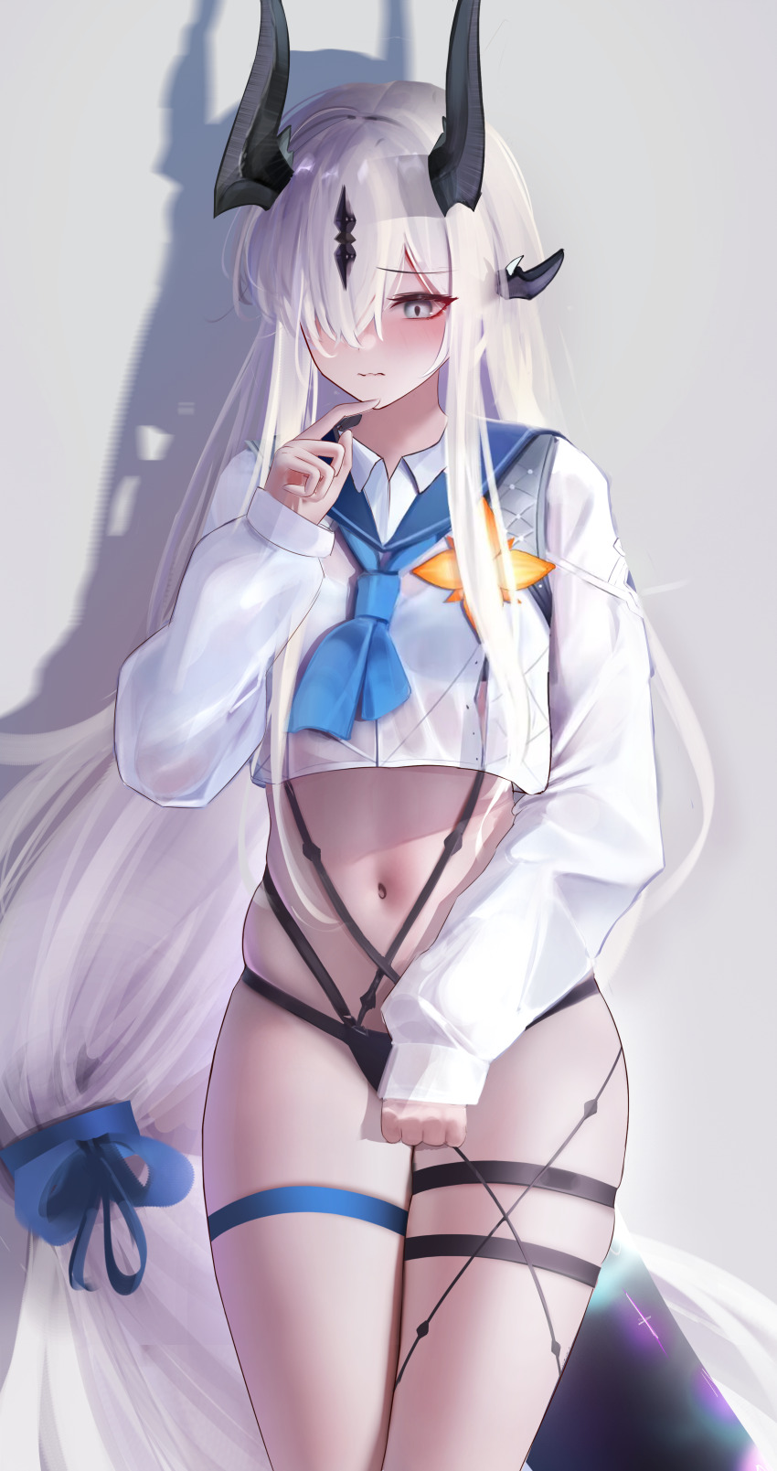 1girl, absurdly_long_hair, absurdres, arknights, bikini, bikini_under_clothes, black_bikini, black_horns