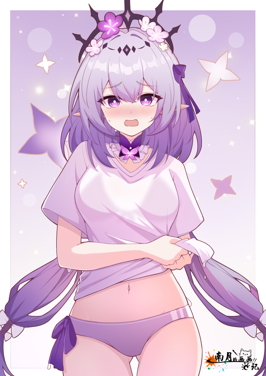 1girl, absurdres, alternate_costume, black_tiara, bloomers, blush, border, bow