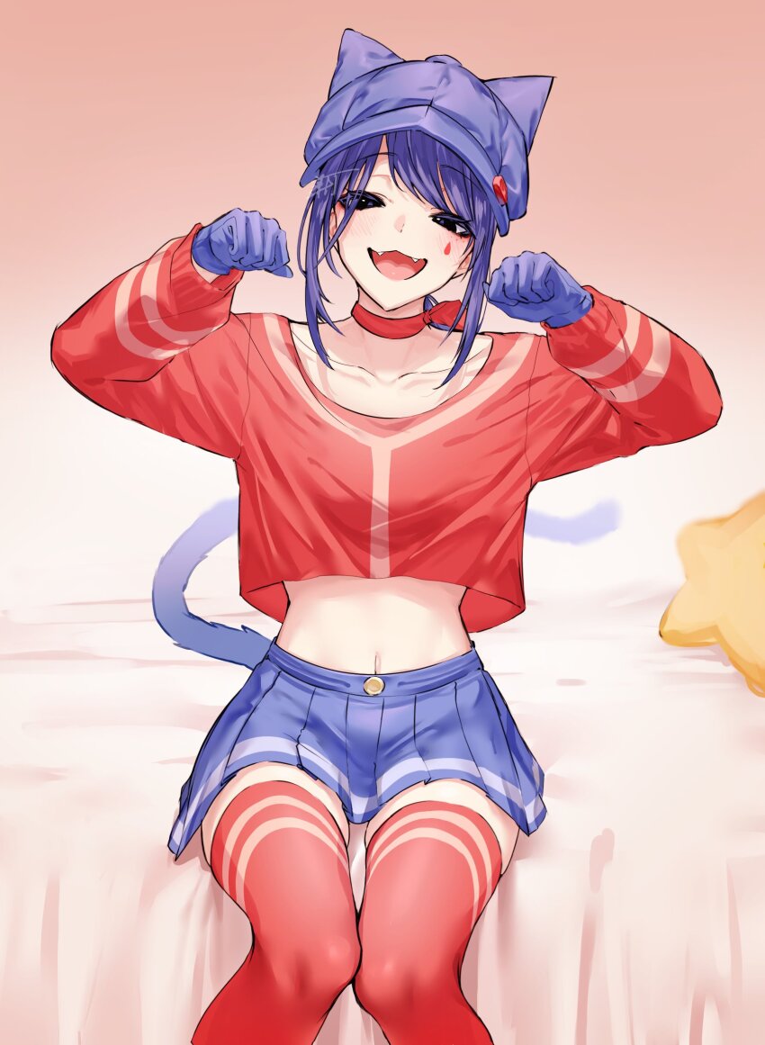 1girl, animal_ear_headwear, animal_ears, black_eyes, blue_gloves, blue_hair, blue_hat, blue_skirt, blush, cat_tail, choker, commentary, cool_mita_(miside), crop_top, cropped_shirt, facial_mark, fake_animal_ears, fake_tail, fangs, gloves, hands_up, hat, highres, long_hair, long_sleeves, looking_at_viewer, low_ponytail, mark_under_eye, miside, mita_(miside), newsboy_cap, on_bed, open_mouth, pleated_skirt, ponytail, red_choker, red_shirt, red_thighhighs, shirt, sitting, skin_fangs, skirt, smile, solo, stuffed_star, untranslatable_commentary, tail, tattoo, teardrop_facial_mark, teardrop_tattoo, thighhighs, thighs, tomitacchi, zettai_ryouiki