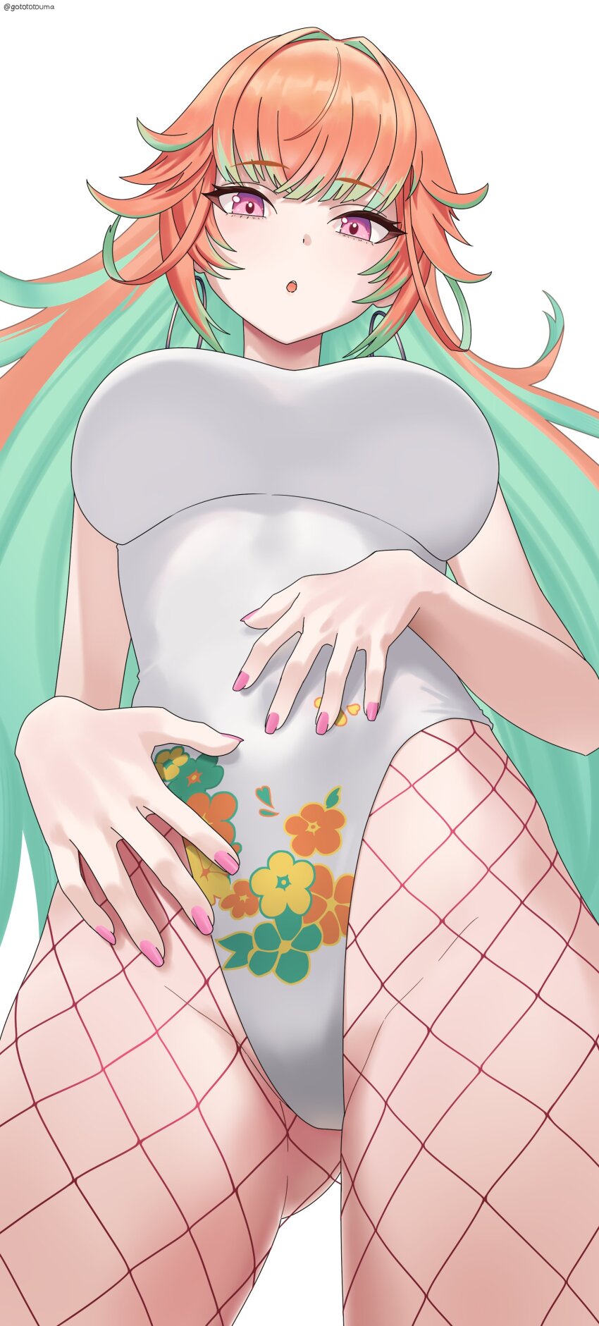 1980s_fashion, 1girl, absurdres, colored_inner_hair, commentary, earrings, english_commentary, fishnets, gototo_touma, green_hair, highleg, highleg_leotard, highres, hololive, hololive_english, hoop_earrings, jewelry, leotard, long_hair, looking_at_viewer, multicolored_hair, official_alternate_costume, open_mouth, orange_hair, print_leotard, purple_eyes, simple_background, solo, takanashi_kiara, takanashi_kiara_(fever_night), twitter_username, virtual_youtuber, white_background, white_leotard