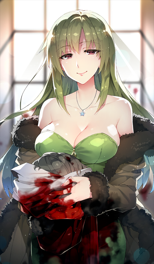 1girl, 1other, bare_shoulders, blood, blood_on_clothes, blood_on_hands, breasts, brown_jacket, cleavage, collarbone, commentary, cowboy_shot, da_vinci_to_shichinin_no_gansaku_eirei, dress, fate/apocrypha, fate/grand_order, fate_(series), fur-trimmed_jacket, fur_trim, green_dress, green_hair, holding_detached_head, indoors, jacket, jewelry, large_breasts, long_hair, long_sleeves, looking_at_viewer, necklace, off-shoulder_jacket, off_shoulder, official_art, red_eyes, redrop, rikudou_reika, sidelocks, sleeveless, sleeveless_dress, smile, solo_focus, star_pendant, strapless, strapless_dress, third-party_source, window