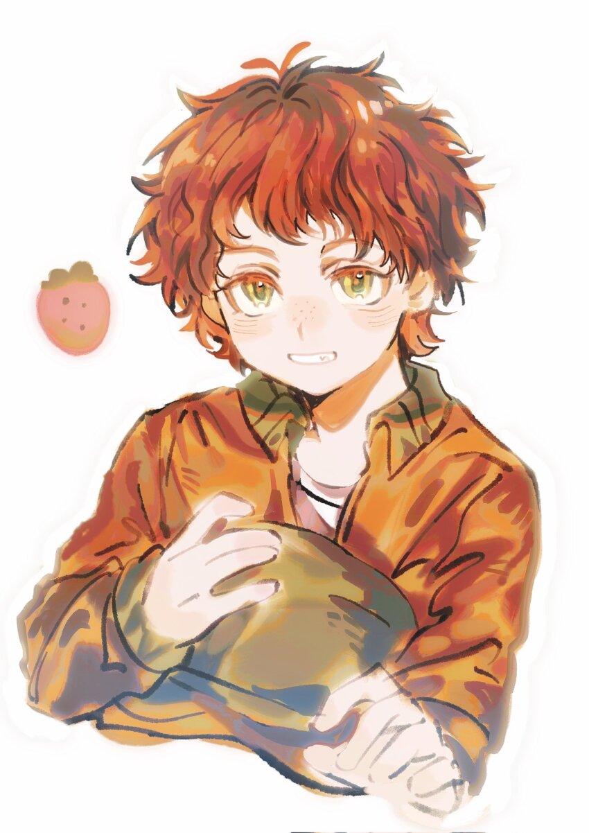 1boy, animification, bad_id, bad_twitter_id, cropped_torso, fang, food, freckles