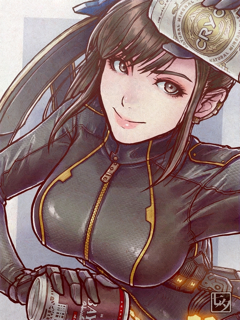 1girl, black_bodysuit, black_hair, bodysuit, breasts, can, closed_mouth, earclip, eve_(stellar_blade), eyelashes, full-length_zipper, grey_eyes, holding, holding_can, large_breasts, long_hair, pink_lips, smile, solo, split_mouth, stellar_blade, swept_bangs, tanabanata, zipper, zipper_pull_tab