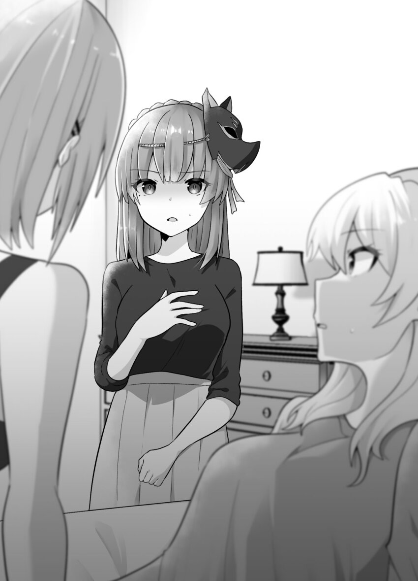 braid, crown_braid, fox_mask, heaven_burns_red, highres, indoors, kayamori_ruka, kiryuu_miya