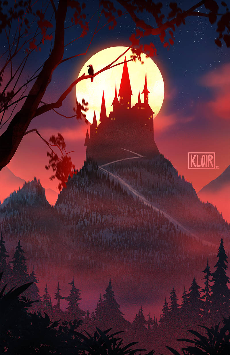 bird, castle, colored_smoke, commentary, crow, dirt_road, english_commentary, fog