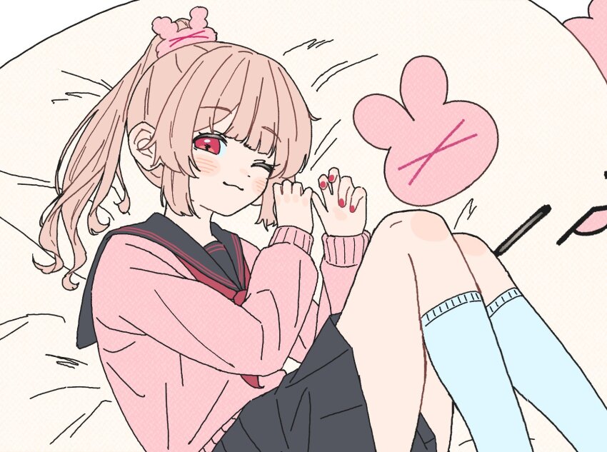 1girl, :3, black_sailor_collar, black_skirt, brown_hair, commentary, hair_ornament, hands_up