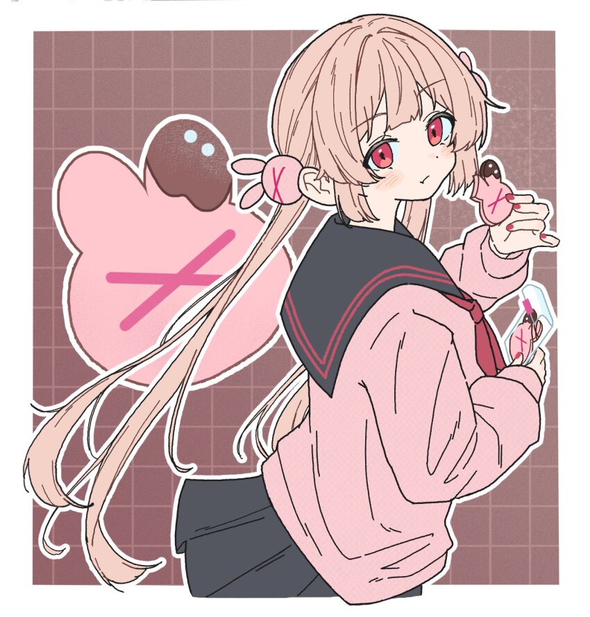 1girl, black_sailor_collar, black_skirt, blush, border, brown_background, closed_mouth, cookie