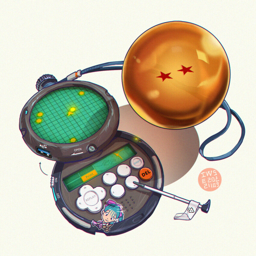 arrow_(symbol), artist_name, bulma, chromatic_aberration, dated, dragon_ball, dragon_ball_(object), english_text