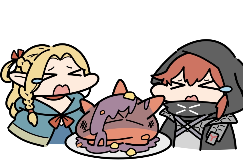 >_<, 2girls, arknights, black_jacket, blonde_hair, blue_dress, chibi, crossover