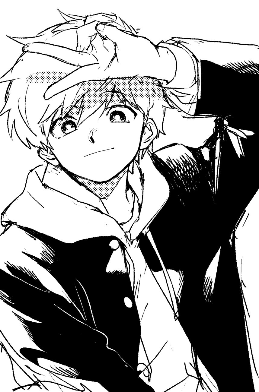 1boy, closed_mouth, fingernails, gakuran, ganbare!_nakamura-kun!!, greyscale, hand_on_own_forehead, hand_up