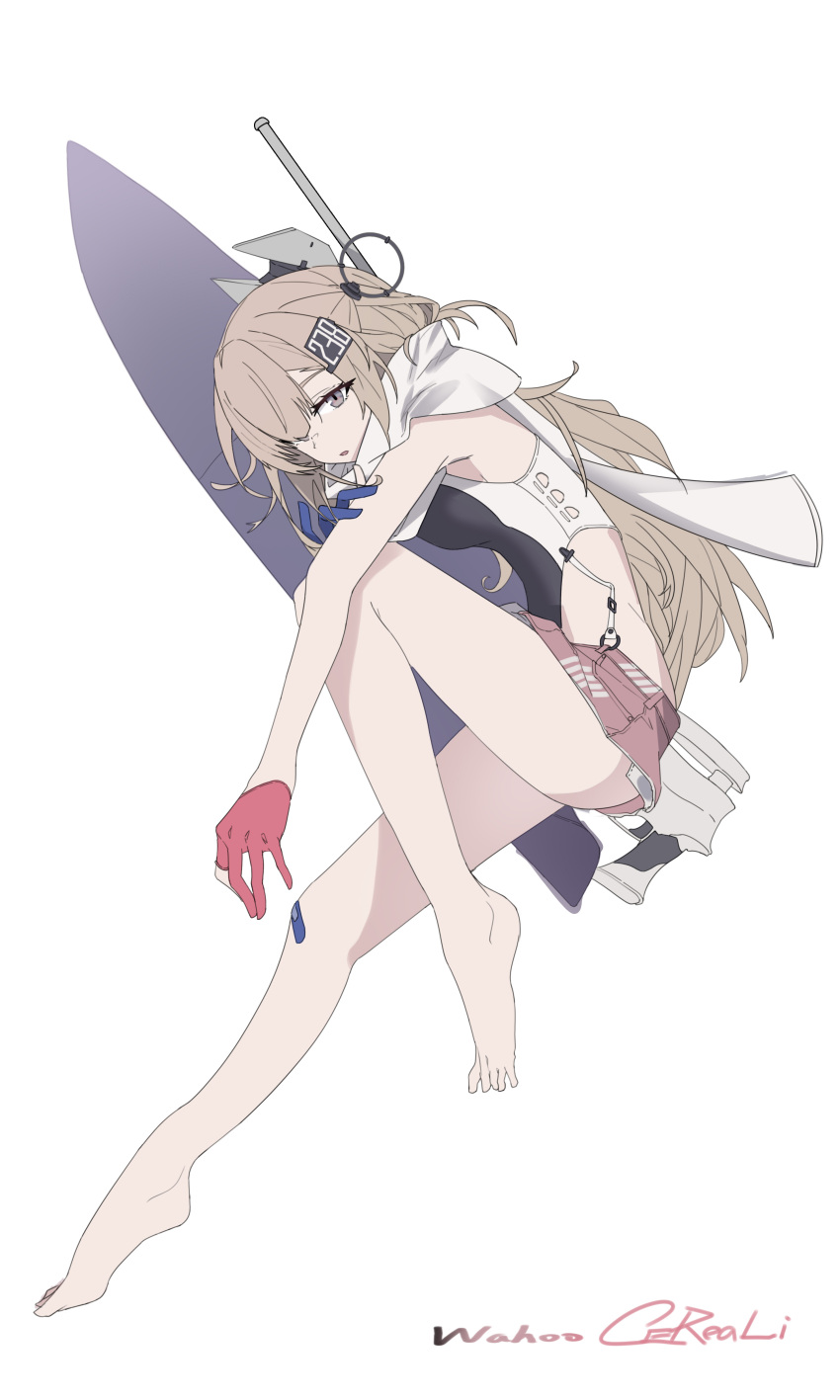 1girl, absurdres, american_flag, american_flag_print, american_flag_skirt, asymmetrical_gloves, bandaid, bandaid_on_knee, bandaid_on_leg, barefoot, black_one-piece_swimsuit, blue_gloves, brown_hair, character_name, corinalyce1, denim, denim_skirt, flag_print, garter_straps, gloves, green_eyes, head_only, highres, kantai_collection, long_hair, mismatched_gloves, one-piece_swimsuit, partially_fingerless_gloves, print_skirt, red_gloves, rigging, scarf, signature, skirt, solo, swimsuit, two-tone_swimsuit, wahoo_(kancolle), white_scarf