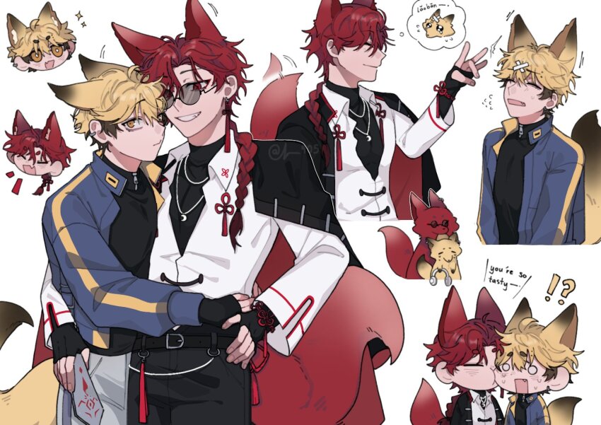 !?, 2boys, animal_ears, azg905, belt, black_gloves, black_hair, black_shirt