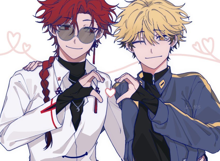 2boys, azg905, black_gloves, black_shirt, blonde_hair, braid, closed_mouth, earrings, eyebrow_piercing, face_piercing, fingerless_gloves, glasses, gloves, hand_on_another's_shoulder, heart, heart_hands, heart_hands_duo, jacket, jewelry, long_hair, long_sleeves, looking_at_viewer, male_focus, multiple_boys, necklace, one_eye_closed, piercing, red_eyes, red_hair, round_eyewear, shiguang_dailiren, shirt, short_hair, single_braid, smile, sunglasses, tinted_eyewear, upper_body, white_background, white_jacket, xia_fei, xiao_weiying, yaoi, yellow_eyes