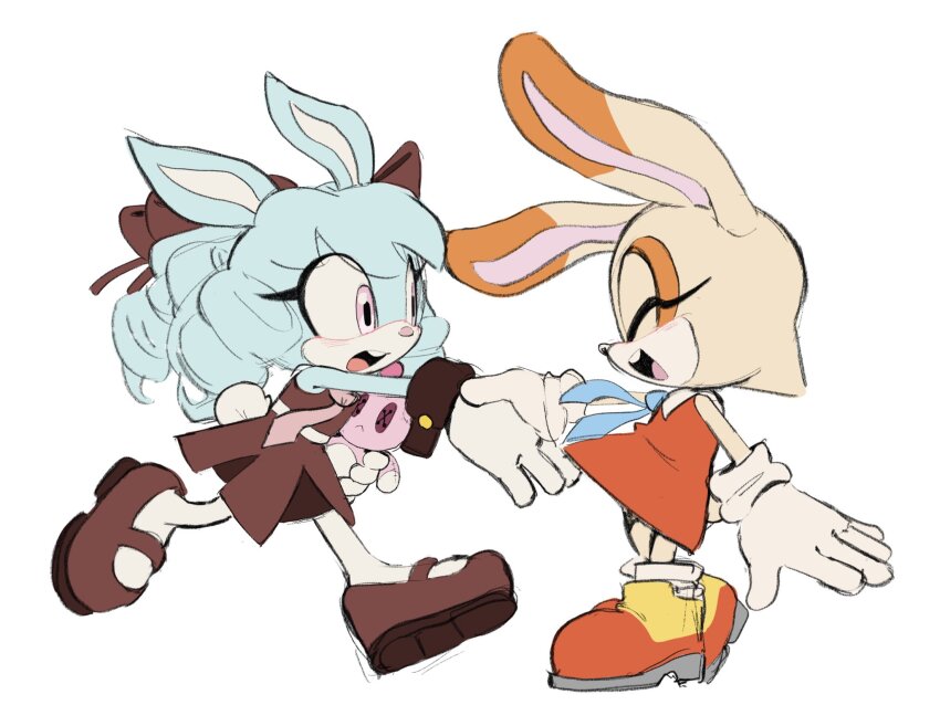 2girls, animal_ears, anya_the_rabbit, blue_fur, blue_hair, brown_dress, brown_shoes, closed_eyes