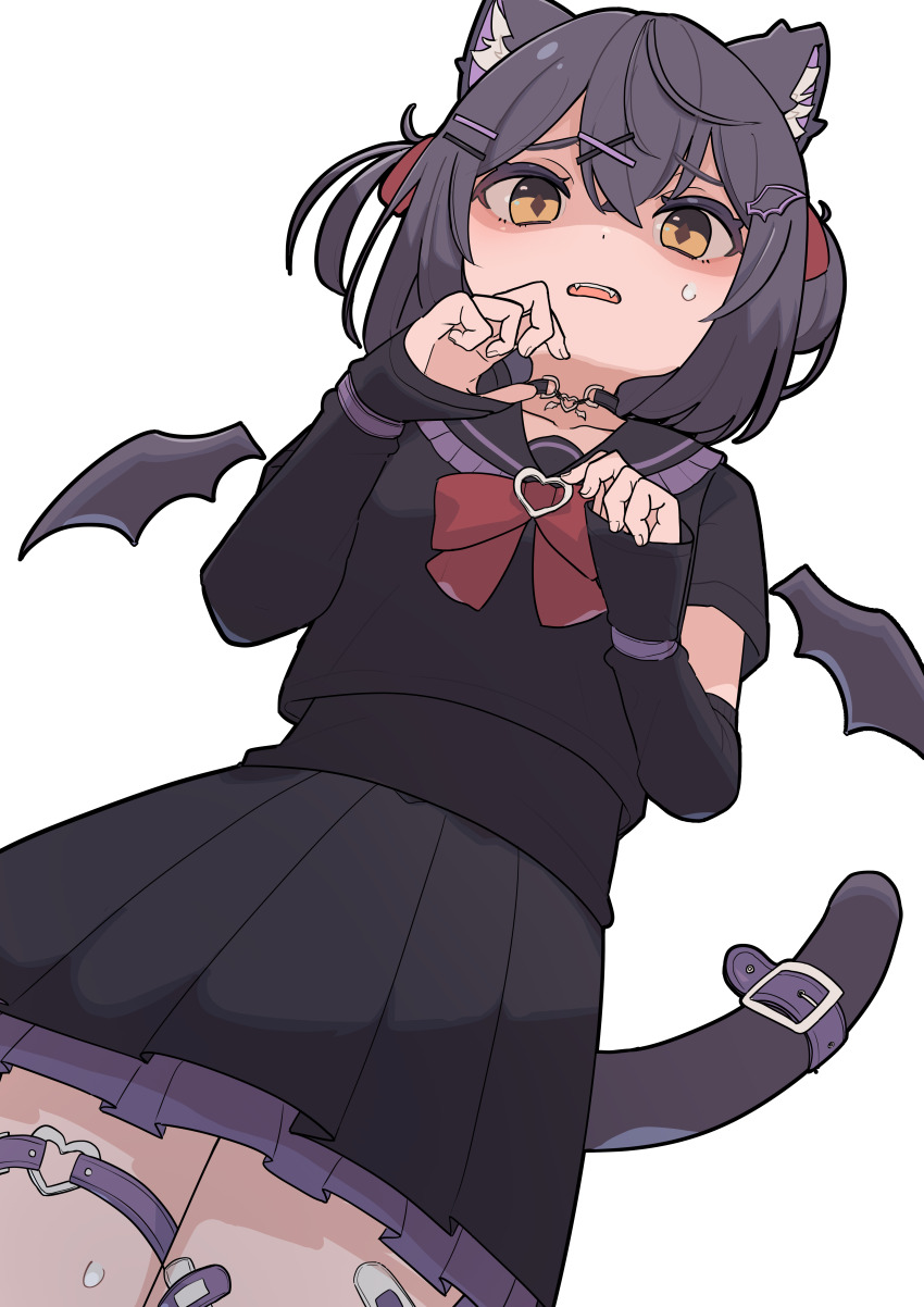 1girl, absurdres, animal_ear_fluff, animal_ears, arm_warmers, bandaid, bandaid_on_leg, bat_wings