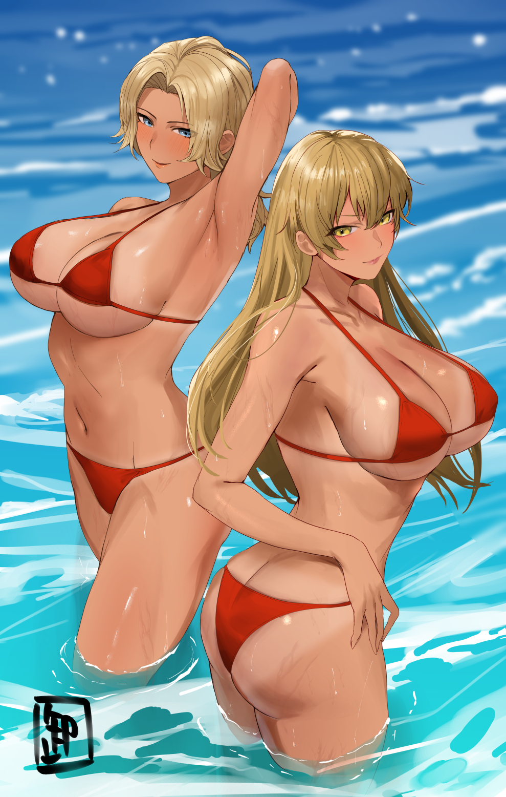 2girls, alternate_costume, areola_slip, arm_behind_head, armpits, ass, bikini, blonde_hair