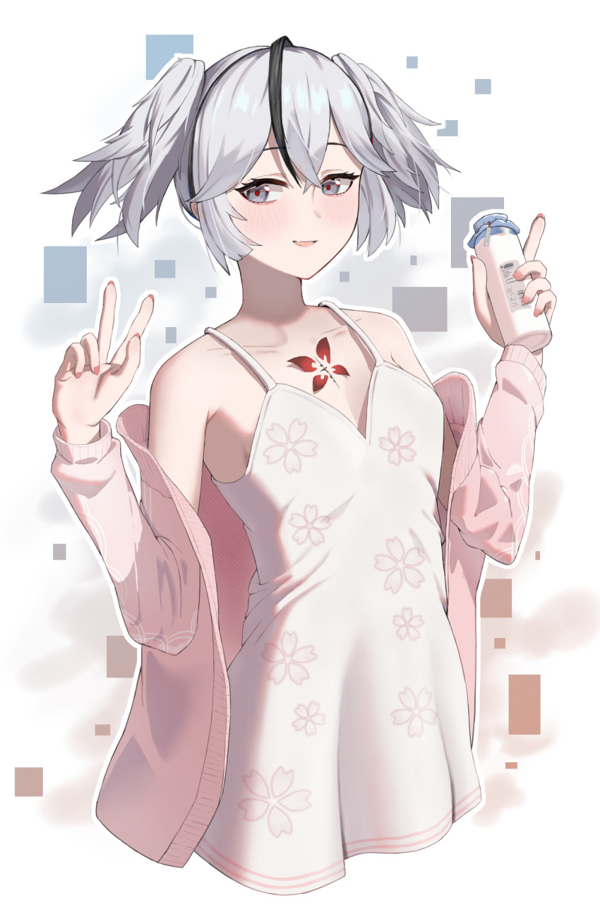 1girl, bare_shoulders, black_eyes, bottle, breasts, camellya_(wuthering_waves), cardigan, collarbone