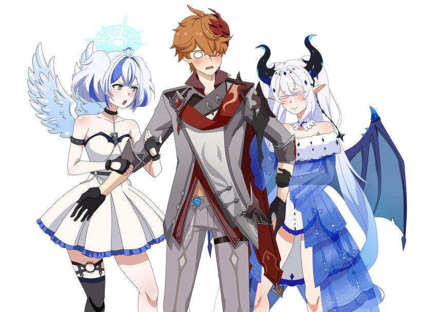 1boy, 2girls, ahoge, amano_serafi, black_choker, black_gloves, black_thighhighs, blue_hair