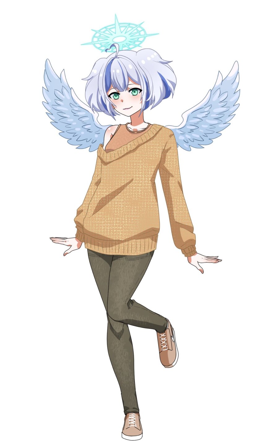 1girl, ahoge, amano_serafi, black_pants, blue_hair, blue_halo, breasts, brown_shoes