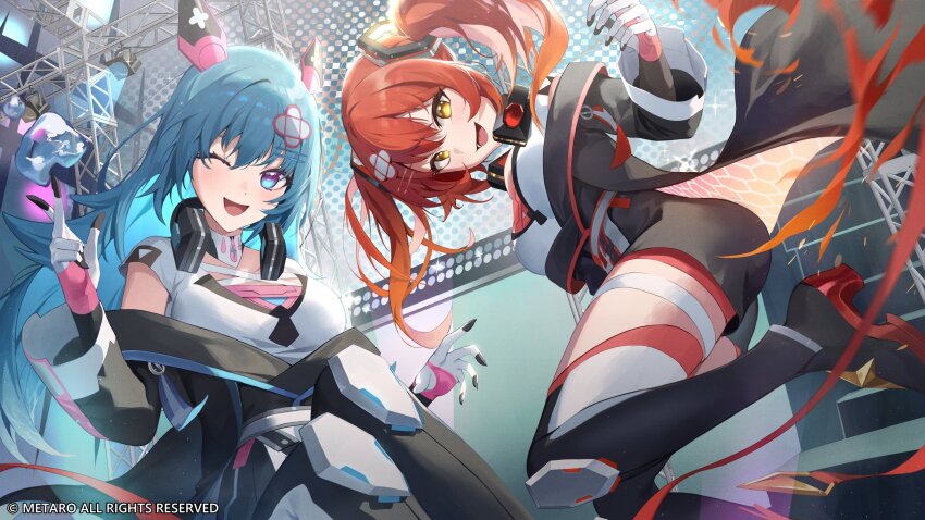 2girls, :d, ;d, ass, blue_eyes, blue_hair, boots, breasts