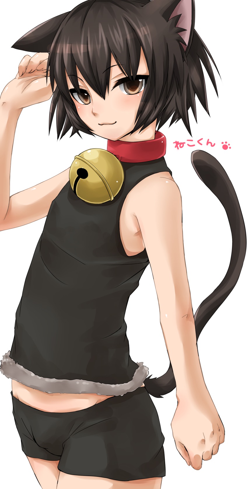 1boy, :3, absurdres, animal_ears, bell, black_hair, brown_eyes, bulge, cat_boy, cat_ears, cat_tail, collar, emu_(trigger), highres, kumatanchi, male_focus, neck_bell, neko-kun, shorts, sleeveless, solo, tail, trap
