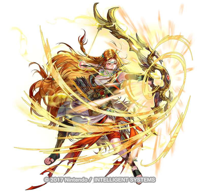 1girl, arrow_(projectile), blonde_hair, bow_(weapon), braid, circlet, copyright_notice, earrings